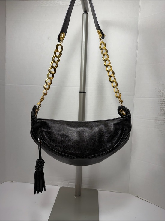 Bottega Veneta Handbags - VINTAGE BOTTEGA VENETA Black Leather Shoulder Bag with Gold Chain Strap